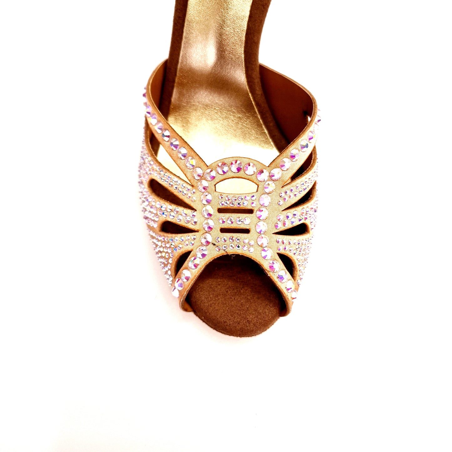 Scarpa da ballo donna DADA Diamond QB in raso carne con cinturino incrociato, Swarovski, tacco squadrato laminato oro.