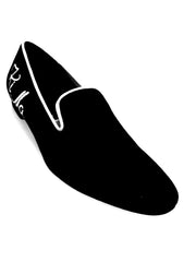 Carica immagine nella Galleria, Mocassino Stefan Black MS20 KIMA in camoscio nero con profilo bianco e ricamo bianco, forma lunga, scarpa elegante Wish Dance Shop