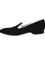 Carica immagine nella Galleria, Mocassino Stefan Black (MS20) KIMA in camoscio nero con profilo bianco e ricamo Kima bianco, forma lunga, su sfondo neutro