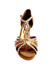 Load image into Gallery viewer, TANIA Superb (accollata) L13P - Scarpa da Ballo in Raso Seta Bronzo Tan con Swarovski boreali e Tacco Alto a Spillo Largo Rivestito in Raso Seta Bronzo Tan e Swarovski Boreali e Plateau Confort Flex