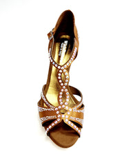 Load image into Gallery viewer, CAMILA Superb (accollata) L13P - Dance Shoe in Black Satin Silk with Boreal Swarovski and Wide Low Stiletto Heel with Plateau