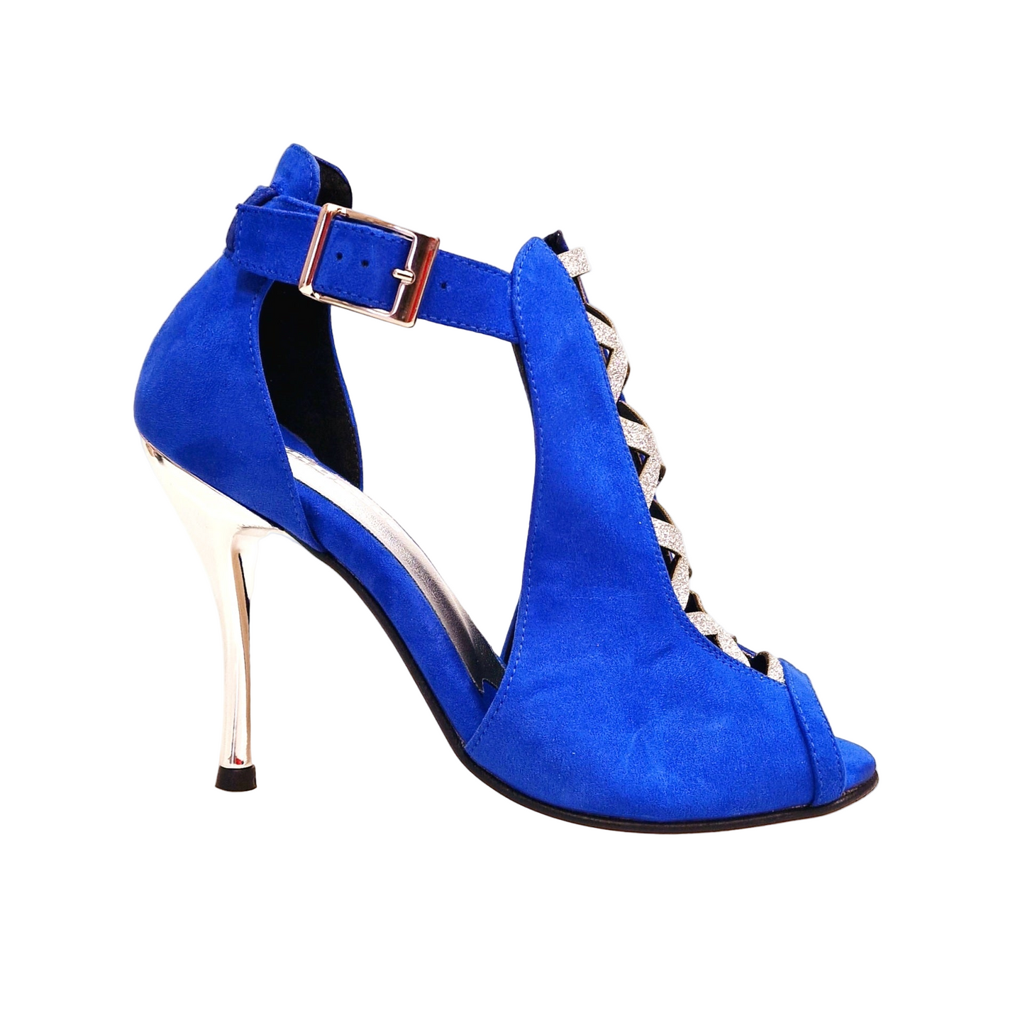 Scarpa da donna in camoscio blu royal con inserto glitter argento e tacco a spillo laminato argento, marca Wish Dance Shop