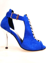 Carica immagine nella Galleria, DINKA (2304) -  Scarpa da Donna in Camoscio Blu Royal inserto collopiede in Glitter Argento Tacco a Spillo Laminato Argento