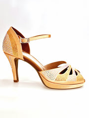 Carica immagine nella Galleria, Alexa (LP4) - Scarpa da Ballo in Raso Carne Flash Con Swarovski e Tacco Basso a Spillo Largo e Plateau