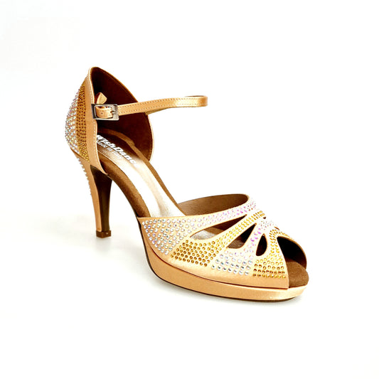 Scarpa da ballo Alexa in raso carne con Swarovski, tacco basso a spillo largo e plateau, Wish Dance Shop
