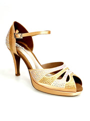 Carica immagine nella Galleria, Alexa (LP4) - Scarpa da Ballo in Raso Carne Flash Con Swarovski e Tacco Basso a Spillo Largo e Plateau