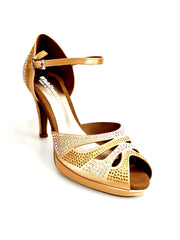 Carica immagine nella Galleria, Alexa (LP4) - Scarpa da Ballo in Raso Carne Flash Con Swarovski e Tacco Basso a Spillo Largo e Plateau