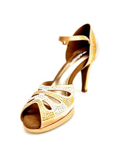 Carica immagine nella Galleria, Alexa (LP4) - Scarpa da Ballo in Raso Carne Flash Con Swarovski e Tacco Basso a Spillo Largo e Plateau