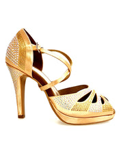 Load image into Gallery viewer, Alexa (LP45) - Scarpa da Ballo in Raso Seta Carne Flesh Con Swarovski Boreali e Beige con Tacco alto a Spillo largo e Plateau Confort Flex