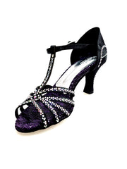 Carica immagine nella Galleria, Rossella (L9) - Scarpa da Ballo in Raso Seta Nero Con Swarovski Boreali con Tacco a Rocchetto