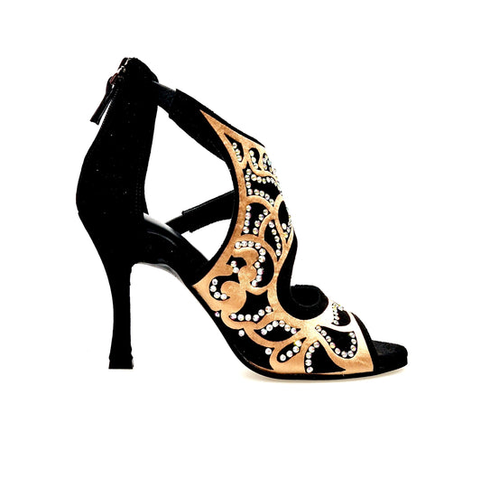 Sandalo donna Wishdance Desiré SW in camoscio nero con inserto raso seta bronzo e dettagli Swarovski Boreali.