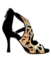 Carica immagine nella Galleria, Desiré SW - Sandalo da Donna in Camoscio Nero Inserto Raso Seta Bronzo con Swarovski Boreali Wishdance