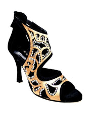 Carica immagine nella Galleria, Desiré SW - Sandalo da Donna in Camoscio Nero Inserto Raso Seta Bronzo con Swarovski Boreali Wishdance