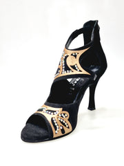 Carica immagine nella Galleria, Desiré SW - Sandalo da Donna in Camoscio Nero Inserto Raso Seta Bronzo con Swarovski Boreali Wishdance