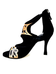 Carica immagine nella Galleria, Desiré SW - Sandalo da Donna in Camoscio Nero Inserto Raso Seta Bronzo con Swarovski Boreali Wishdance