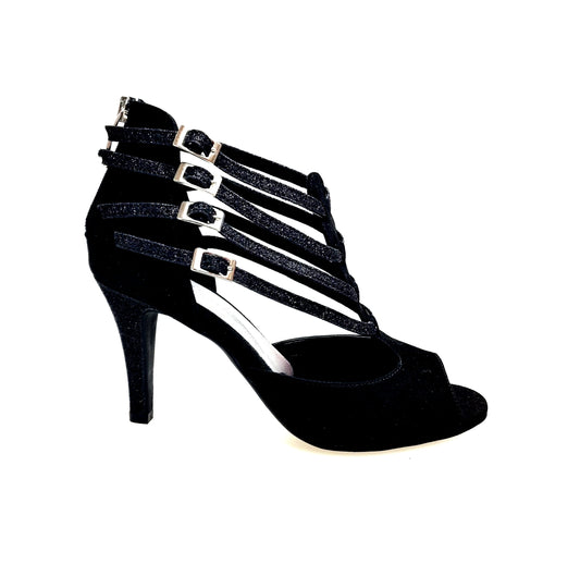 Scarpa donna Wish Dance Shop Lussuria (779) in camoscio nero con tacco basso, glitter nero e sottopiede in camoscio.