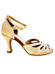 Carica immagine nella Galleria, DADA Diamond QB (L52) - Scarpa da Ballo da Donna in Raso Carne Cinturino incrociato alla caviglia Con Swarovski  Boreali Tacco a Rocchetto