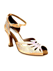 Carica immagine nella Galleria, DADA Diamond QB (L52) - Scarpa da Ballo da Donna in Raso Carne Cinturino incrociato alla caviglia Con Swarovski  Boreali Tacco a Rocchetto