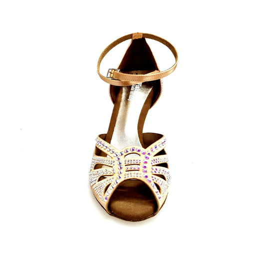 Scarpa da ballo donna DADA Diamond QB in raso carne con cinturino incrociato, Swarovski, tacco quadrato laminato oro.