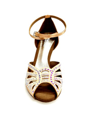 Load image into Gallery viewer, DADA Diamond QB (L52) - Scarpa da Ballo da Donna in Raso Carne Cinturino incrociato alla caviglia Con Swarovski Boreali Tacco a Stiletto Squadrato Laminato Oro