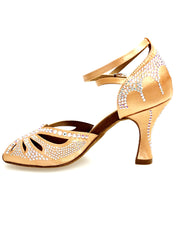 Carica immagine nella Galleria, DADA Diamond QB (L52) - Scarpa da Ballo da Donna in Raso Carne Cinturino incrociato alla caviglia Con Swarovski  Boreali Tacco a Rocchetto