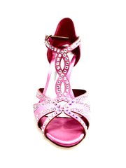 Carica immagine nella Galleria, CAMILA Superb (accollata) L13 - Scarpa da Ballo in Raso Seta Rosa Fuxia con Swarovski Boreali e Tacco a Stiletto Squadrato Sottile  Laminato Argento