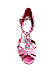 Carica immagine nella Galleria, CAMILA Superb (accollata) L13 - Scarpa da Ballo in Raso Seta Rosa Fuxia con Swarovski Boreali e Tacco a Stiletto Squadrato Sottile  Laminato Argento