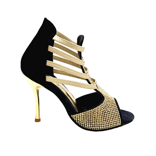 Sandalo donna DORA 460PW in camoscio nero con elastici e dettagli oro, tacco a spillo laminato oro, borchiette dorate.