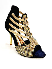Carica immagine nella Galleria, DORA (460PW)  Sandalo da Donna in Camoscio Nero Elastici Oro con Livrea in borchiette Oro e tacco a spillo laminato Oro