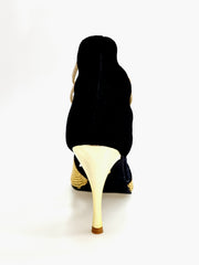 Carica immagine nella Galleria, DORA (460PW)  Sandalo da Donna in Camoscio Nero Elastici Oro con Livrea in borchiette Oro e tacco a spillo laminato Oro
