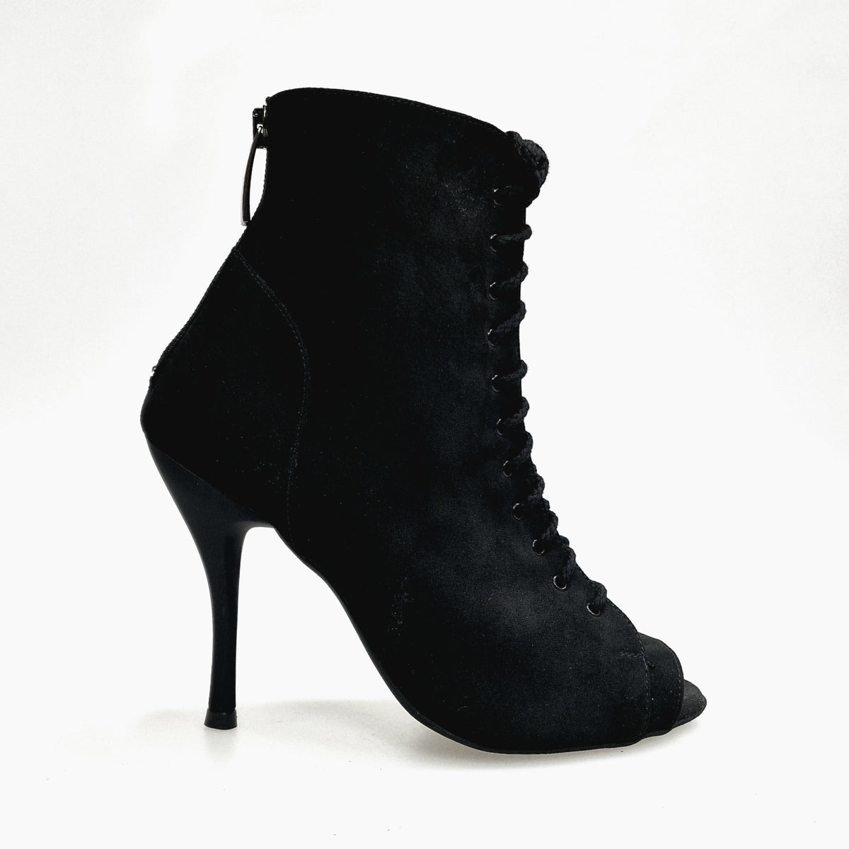 Stivaletto nero Alexis in camoscio con zip, tacco a spillo in alluminio verniciato effetto gommato, prodotto Wish Dance Shop.