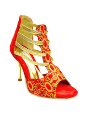 Carica immagine nella Galleria, RED FOX (460PW) - Sandalo da Donna in Camoscio Rosso Elastici Oro con Tessuto Rosso inserti disegnati in Glitter Oro e tacco a spillo laminato Oro