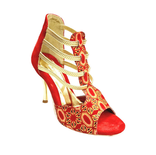 Sandalo donna RED FOX 460PW in camoscio rosso con elastici oro, tessuto glitter oro e tacco a spillo laminato oro.