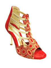 Carica immagine nella Galleria, RED FOX (460PW) - Sandalo da Donna in Camoscio Rosso Elastici Oro con Tessuto Rosso inserti disegnati in Glitter Oro e tacco a spillo laminato Oro