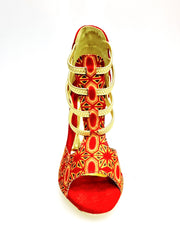 Carica immagine nella Galleria, RED FOX (460PW) - Sandalo da Donna in Camoscio Rosso Elastici Oro con Tessuto Rosso inserti disegnati in Glitter Oro e tacco a spillo laminato Oro