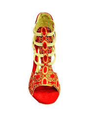 Carica immagine nella Galleria, RED FOX (460PW) - Sandalo da Donna in Camoscio Rosso Elastici Oro con Tessuto Rosso inserti disegnati in Glitter Oro e tacco a spillo laminato Oro