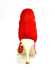 Carica immagine nella Galleria, RED FOX (460PW) - Sandalo da Donna in Camoscio Rosso Elastici Oro con Tessuto Rosso inserti disegnati in Glitter Oro e tacco a spillo laminato Oro