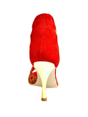 Carica immagine nella Galleria, RED FOX (460PW) - Sandalo da Donna in Camoscio Rosso Elastici Oro con Tessuto Rosso inserti disegnati in Glitter Oro e tacco a spillo laminato Oro