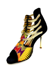 Carica immagine nella Galleria, SAVANA SUNSET (460PW) - Sandalo da Donna in Camoscio Nero Elastici Oro con Tessuto Base Nera e colori Arcobaleno con inserti disegnati in Glitter Oro e tacco a spillo laminato Oro