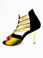 Carica immagine nella Galleria, SAVANA SUNSET (460PW) - Sandalo da Donna in Camoscio Nero Elastici Oro con Tessuto Base Nera e colori Arcobaleno con inserti disegnati in Glitter Oro e tacco a spillo laminato Oro