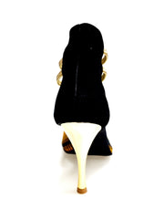 Carica immagine nella Galleria, SAVANA SUNSET (460PW) - Sandalo da Donna in Camoscio Nero Elastici Oro con Tessuto Base Nera e colori Arcobaleno con inserti disegnati in Glitter Oro e tacco a spillo laminato Oro