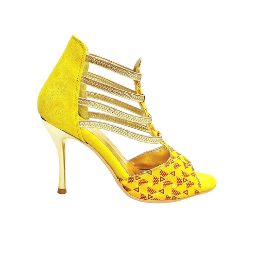 Sandalo donna JIRAF Lime (460PW) in camoscio giallo con elastici oro, dettagli in glitter oro e tacco a spillo laminato oro.