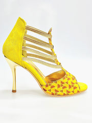 Carica immagine nella Galleria, JIRAF Lime (460PW) - Sandalo da Donna in Camoscio Giallo Elastici Oro e Tessuto colori Arancio e Giallo con inserti disegnati in Glitter Oro e tacco a spillo laminato Oro