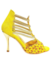 Carica immagine nella Galleria, JIRAF Lime (460PW) - Sandalo da Donna in Camoscio Giallo Elastici Oro e Tessuto colori Arancio e Giallo con inserti disegnati in Glitter Oro e tacco a spillo laminato Oro