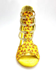Carica immagine nella Galleria, JIRAF Lime (460PW) - Sandalo da Donna in Camoscio Giallo Elastici Oro e Tessuto colori Arancio e Giallo con inserti disegnati in Glitter Oro e tacco a spillo laminato Oro