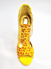 Carica immagine nella Galleria, JIRAF Lime (460PW) - Sandalo da Donna in Camoscio Giallo Elastici Oro e Tessuto colori Arancio e Giallo con inserti disegnati in Glitter Oro e tacco a spillo laminato Oro