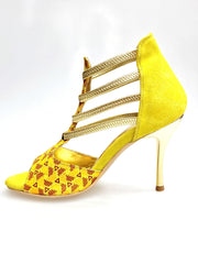 Carica immagine nella Galleria, JIRAF Lime (460PW) - Sandalo da Donna in Camoscio Giallo Elastici Oro e Tessuto colori Arancio e Giallo con inserti disegnati in Glitter Oro e tacco a spillo laminato Oro