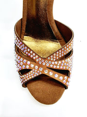 Carica immagine nella Galleria, DELUXE MARIPOSA (L102 QB) - Scarpa da Ballo Donna in Raso Seta Bronzo Tan con Swarovski  Cinturino Incrociato alla Caviglia e Tacco a Spillo Laminato Oro Ramato