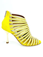 Carica immagine nella Galleria, ELSY Plus (L7) - Sandalo a Tronchetto Da Donna in Morbido Camoscio Giallo Con Swarovski Boreali e Tacco a Stiletto Squadrato Sottile Laminato Oro