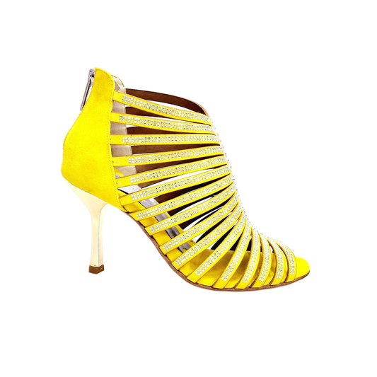 Sandalo a Tronchetto Da Donna in Morbido Camoscio Giallo Con Swarovski Boreali e Tacco a Stiletto Squadrato, vista laterale